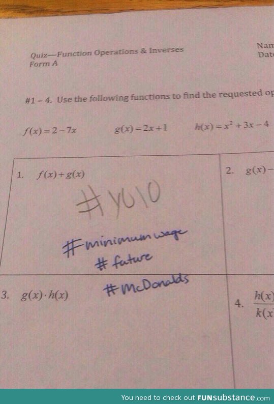 This is what you get when you write #yolo on a math quiz