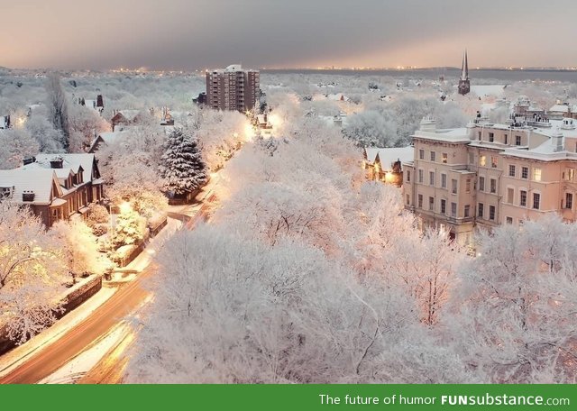 Snowy dusk in liverpool, united kingdom