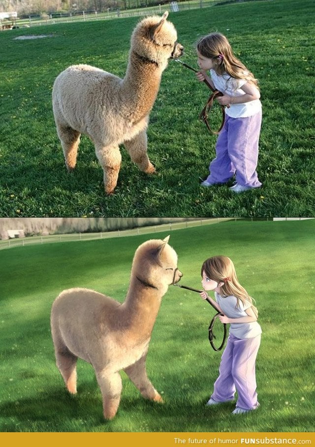 Little girl and alpaca turned into cartoon