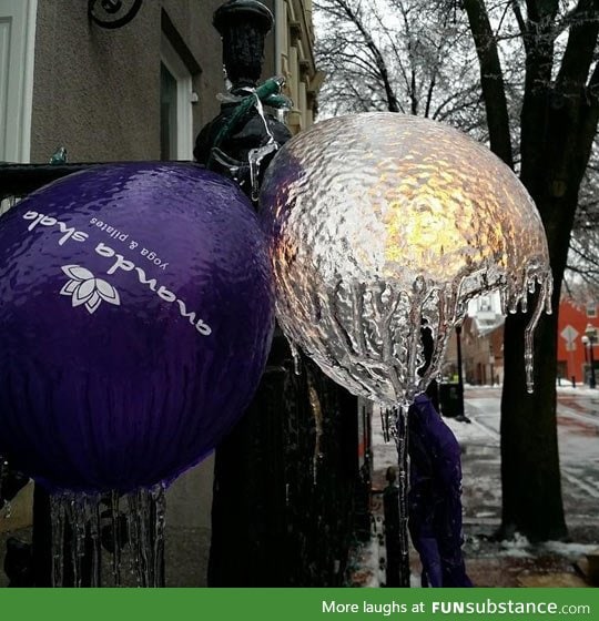 A balloon popped and left its ice shell during Winter Storm Nika