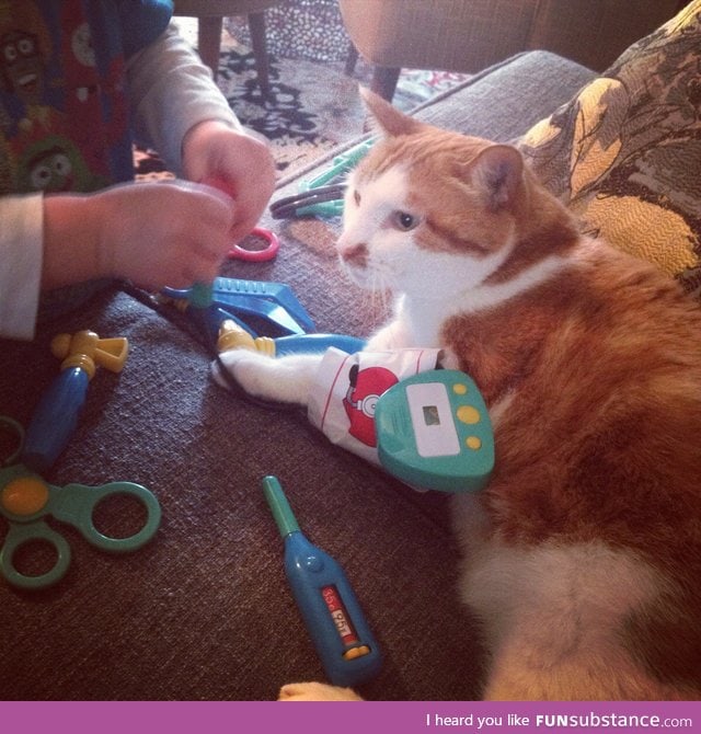 My son playing doctor with the best cat ever