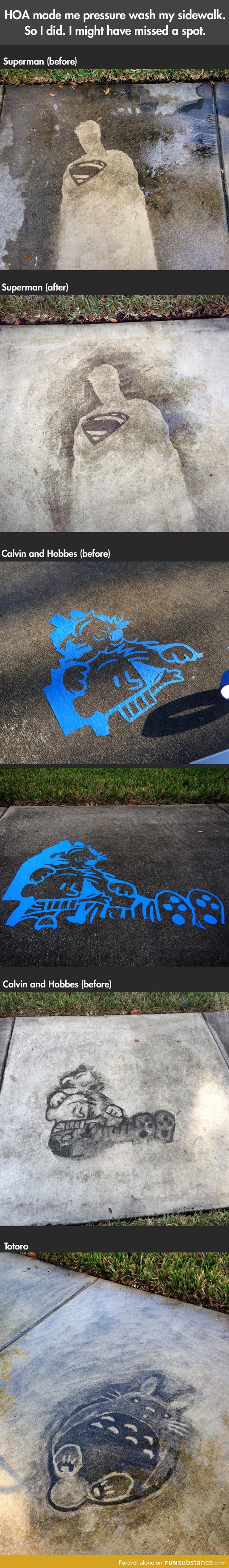 Comics drawn on a sidewalk with a pressure washer