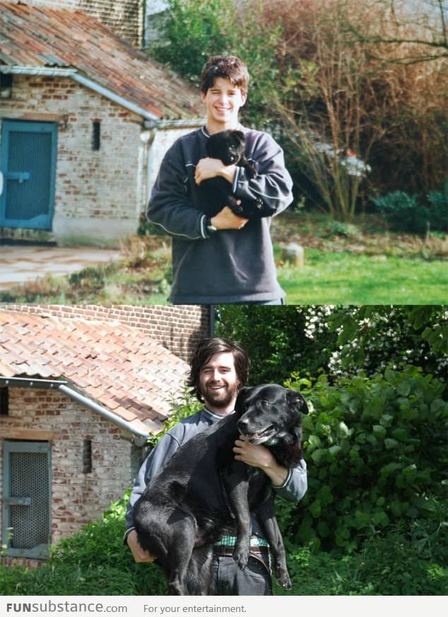 Boy with puppy turns into man with dog