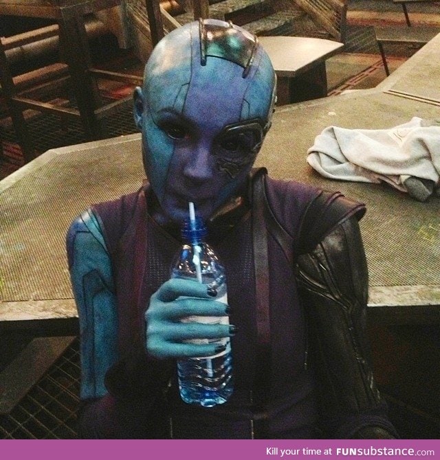 Karen Gillan takes a water break while filming "Guardians of the Galaxy"