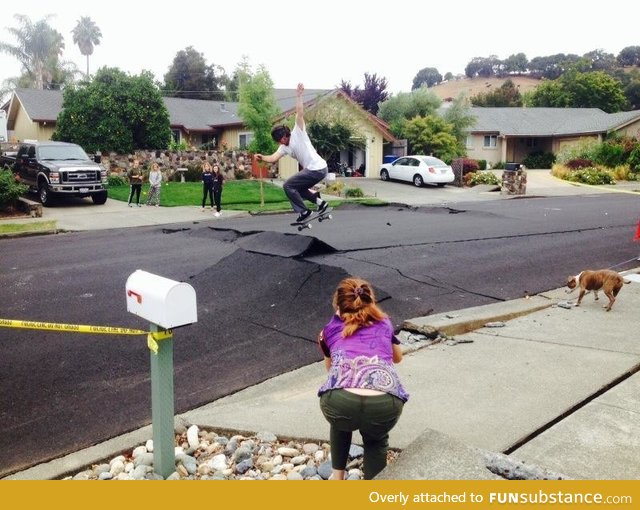 Skateboarding on the Napa earth quake damage