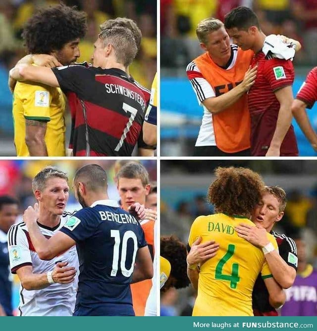 Bastian Schweinsteiger encourging his beaten opponents