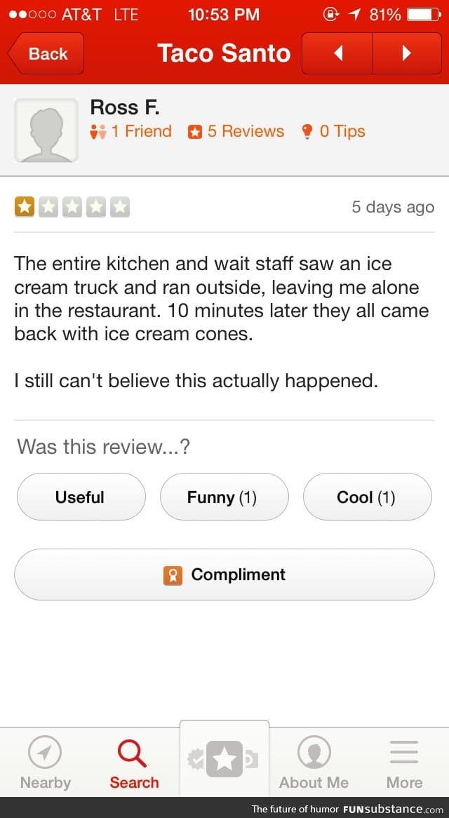 I think I stumbled on the Internet's greatest Yelp review