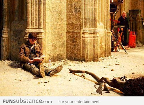 Harry Potter reading Harry Potter on the set of Harry Potter