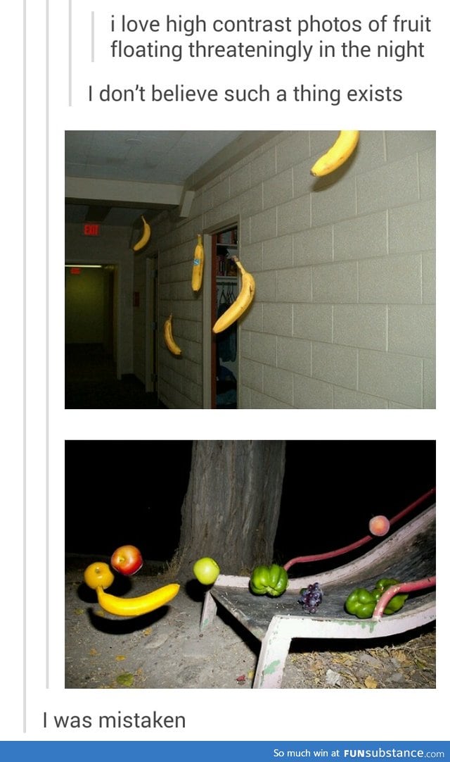 high contrast photos of fruit flying threateningly in the night