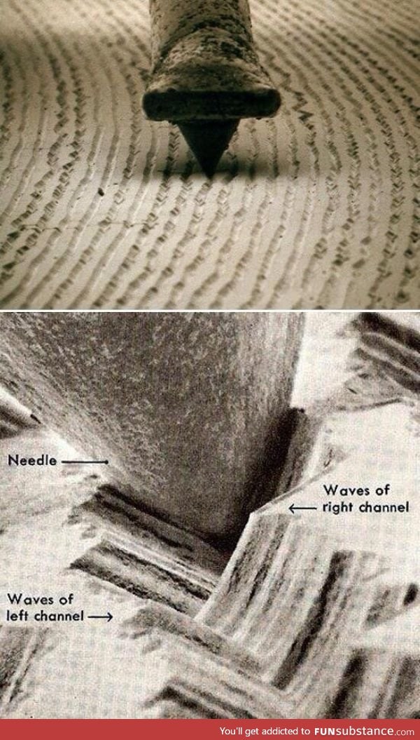 A look at vinyl record grooves at around 1000x magnification. You can see the waveforms