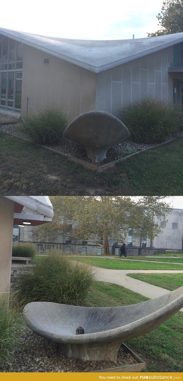 This building has no gutters. Instead it uses a curved roof and a bowl like structure to