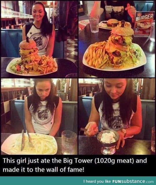 Girl ate burger tower