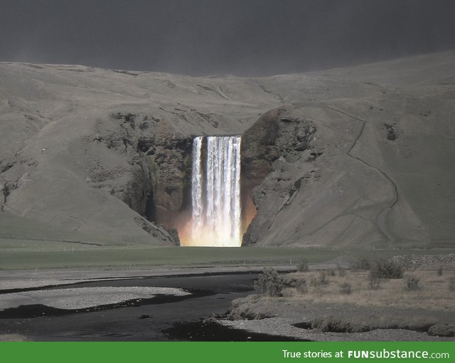 Skógafoss Waterfall, Ireland, During the 2010 Eyjafjallajökull Volcano Eruption