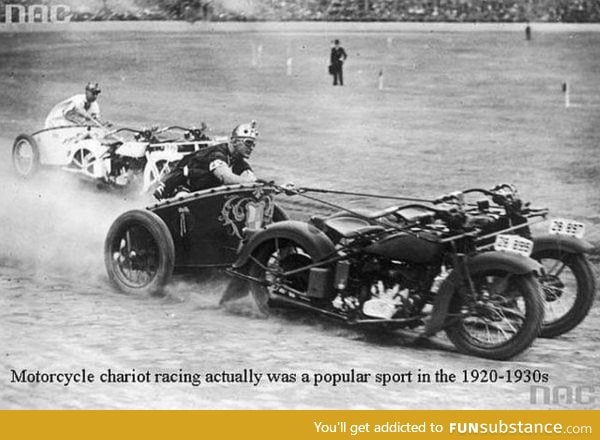 Absolutely badass pic of a motorcycle chariot race in the 30's