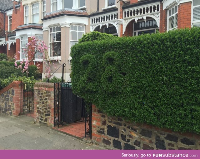 This house has the street number trimmed in the hedge