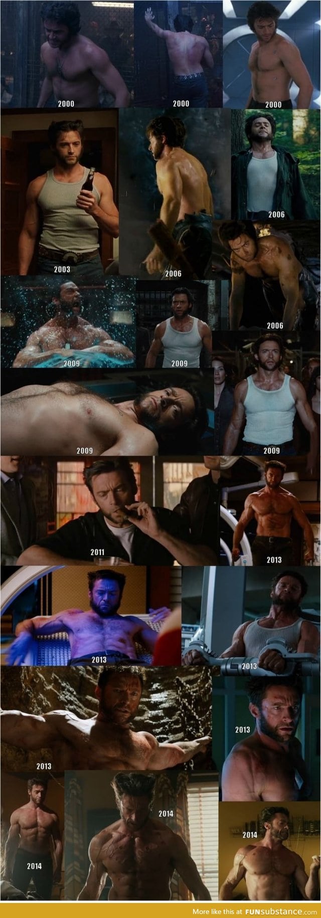 Hugh Jackman's physique in the 7 movies he played Wolverine