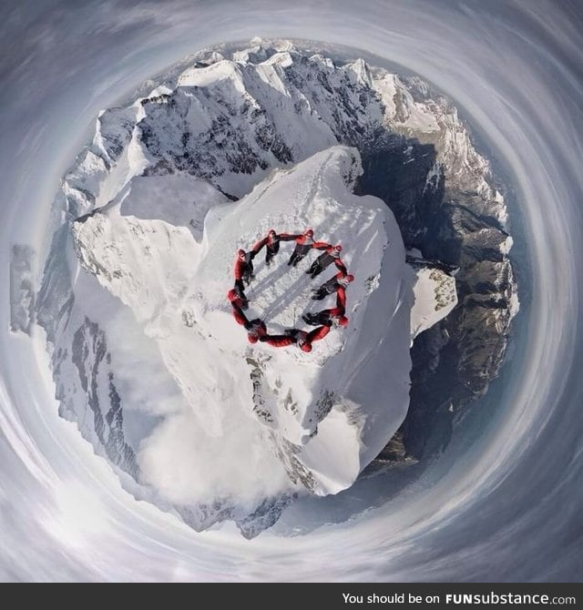 Drone-selfie of climbers on the summit of the Matterhorn