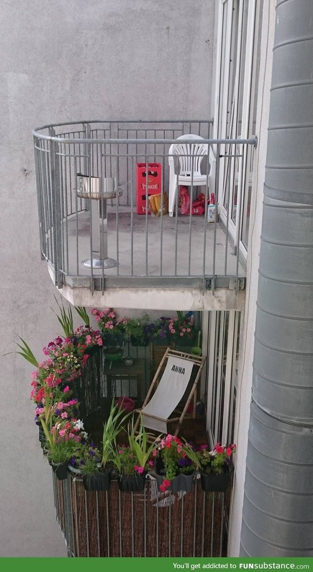 Top: Apartment's balcony (2 guys). Bottom: neighbor's balcony (2 girls)