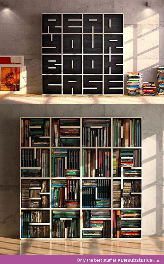 Clever bookcase design, "read your bookcase";