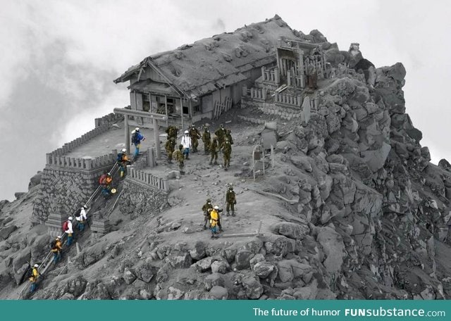 Japanese mountain shrine following volcanic eruption