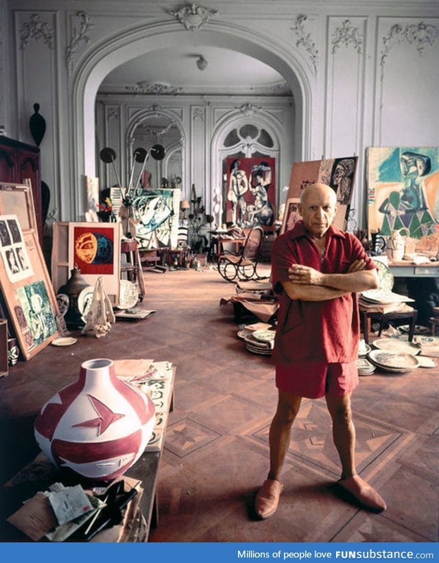 Pablo Picasso chillin' at his home studio in France ~1956