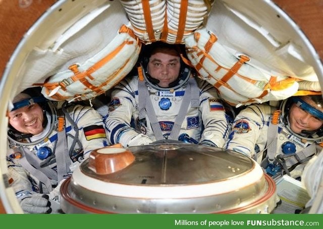 Astronauts returning home from the ISS aboard a not so spacious Soyuz capsule