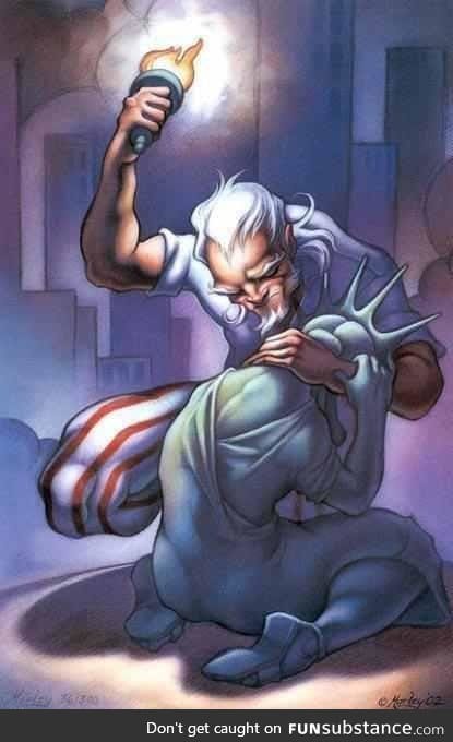 Uncle Sam comforting lady liberty