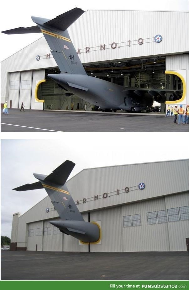 Plane in an undersized hangar