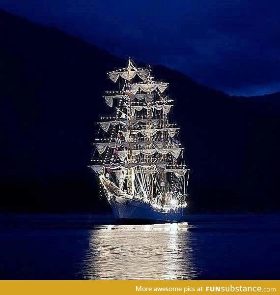 A sailboat all decked out for Christmas in Garibaldi, Oregon