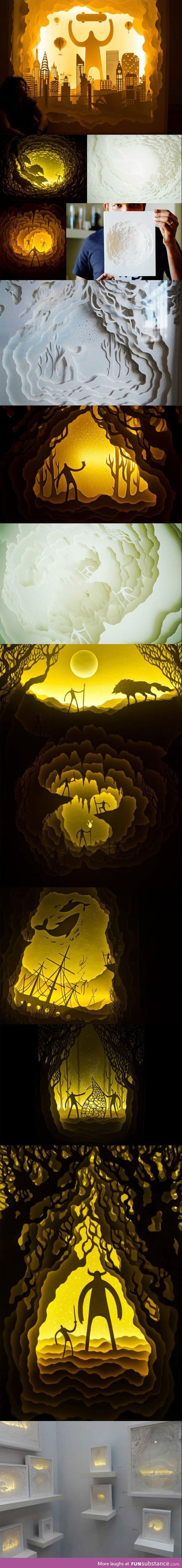 Illuminated paper cut light box dioramas