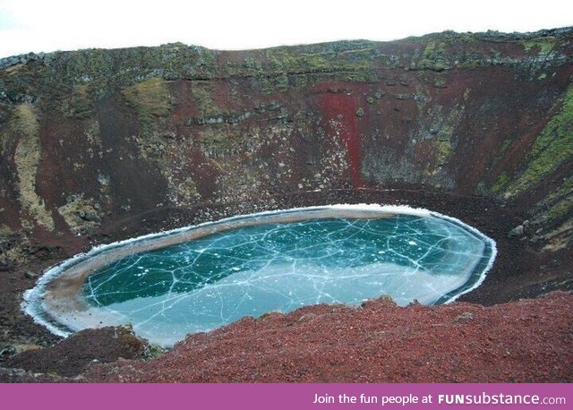 The crater of this volcano in Iceland froze