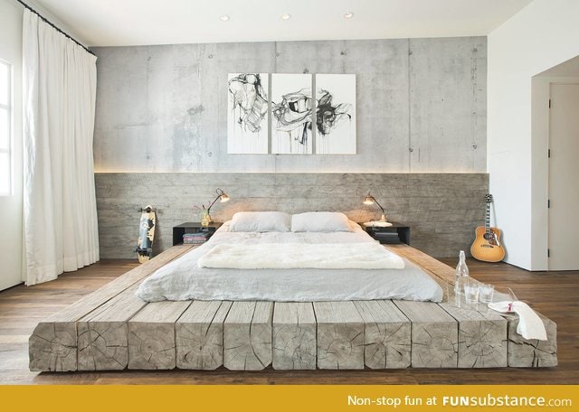 Reclaimed Log Platform Bed in Minimal, Industrial Loft