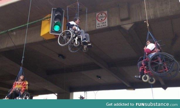 Disabled people protest hanging from bridge in Bolivia