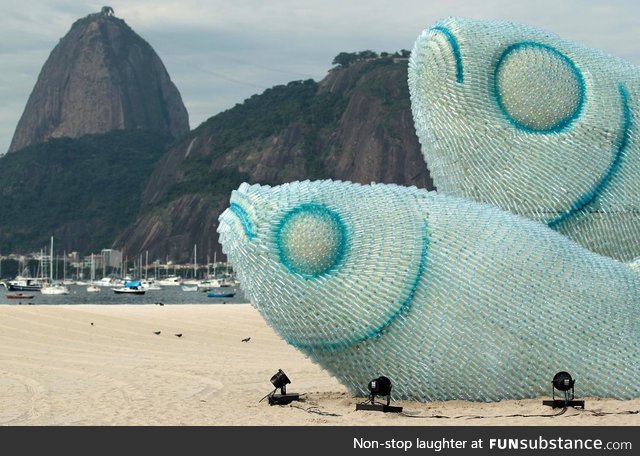 Giant fish sculptures created from discarded plastic bottles