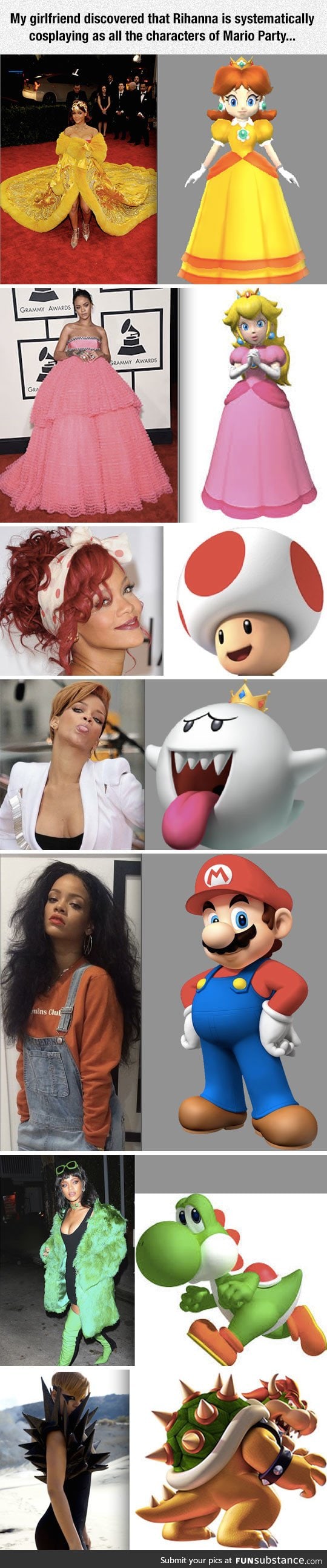 Rihanna cosplaying mario party