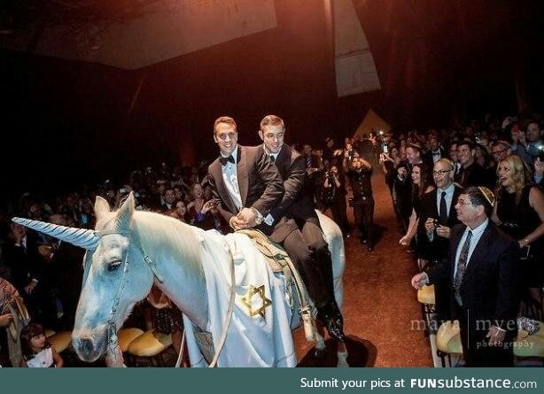 here's a gay Jewish wedding were the grooms rode in on a unicorn