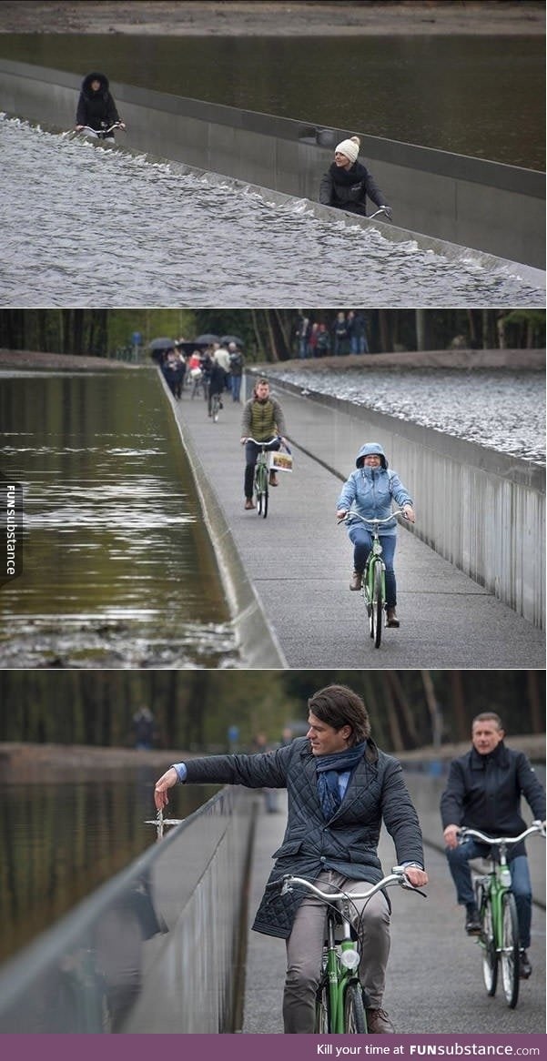 This bicycle path in Belgium goes through a pond