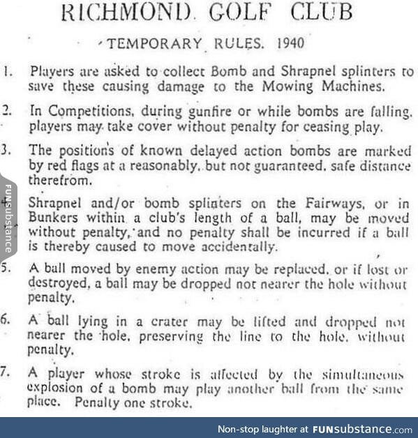 Temporary rules posted at Richmond Golf Club after German bombs hit the course in 1940