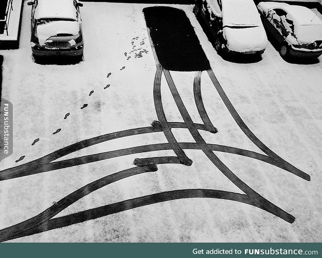 These snow traces of someone un-parking their car