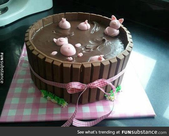 Pigs playing in the mud cake