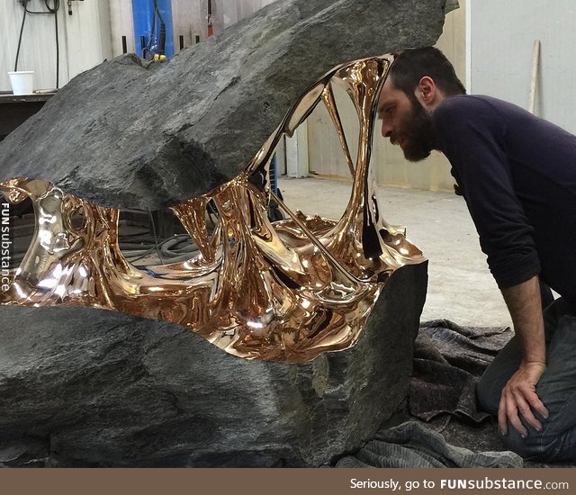 Bisected Boulders With Stretched Bronze Interiors by Romain Langlois