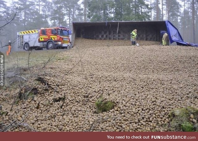 Truck transporting 20 tons of potatoes fell over