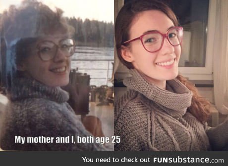 Girl and her mother 25 years apart