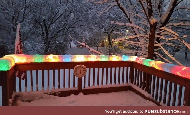 Christmas lights after a snowstorm