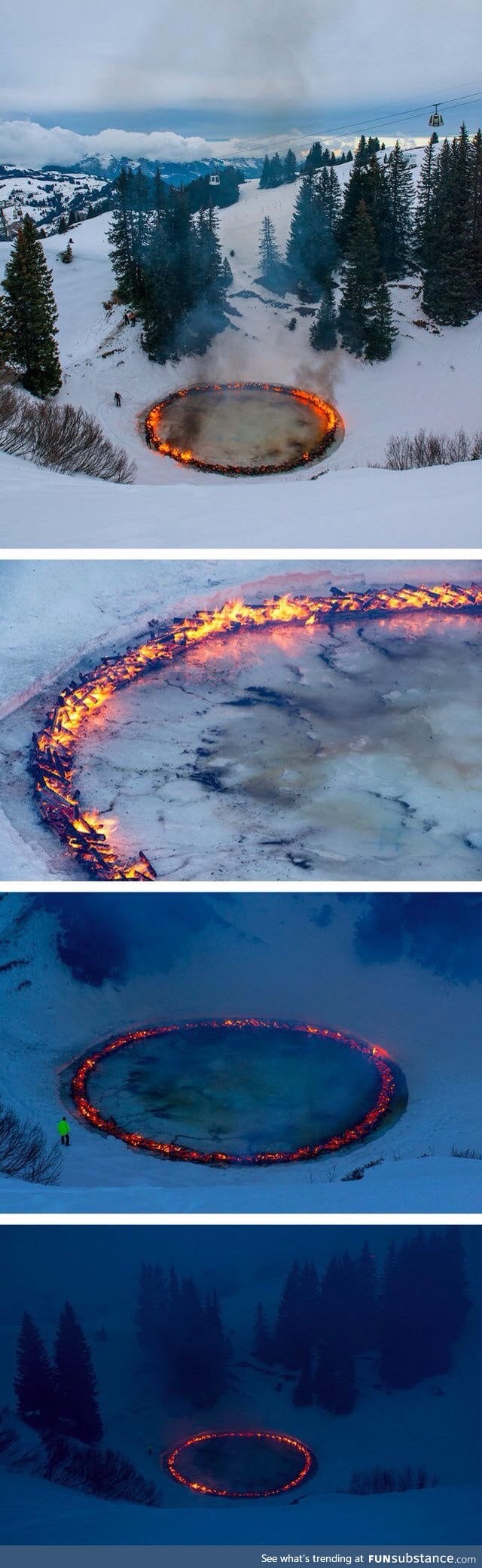 A ring of fire blazes in the middle of the swiss alps