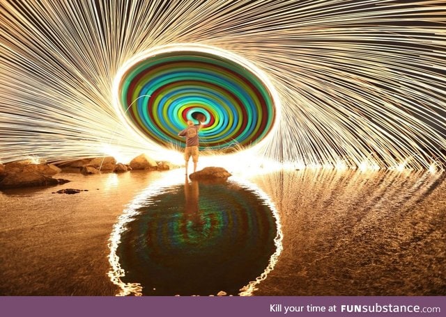 Swinging a string of glow sticks with burning steel wool at the ends