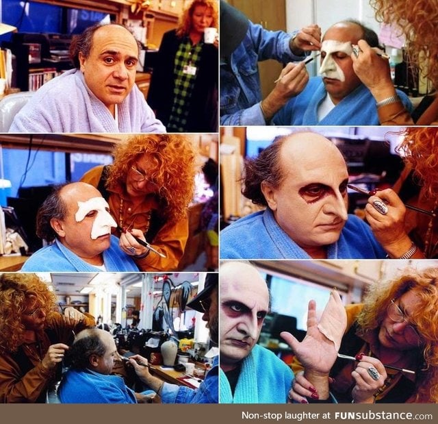 Danny Devito, behind the scenes, as Penguin in the movie Batman Returns