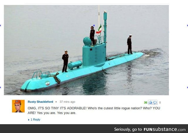 Iran shows off new sky blue mini-sub - Yahoo user not impressed