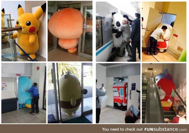 Japanese mascots getting stuck in things