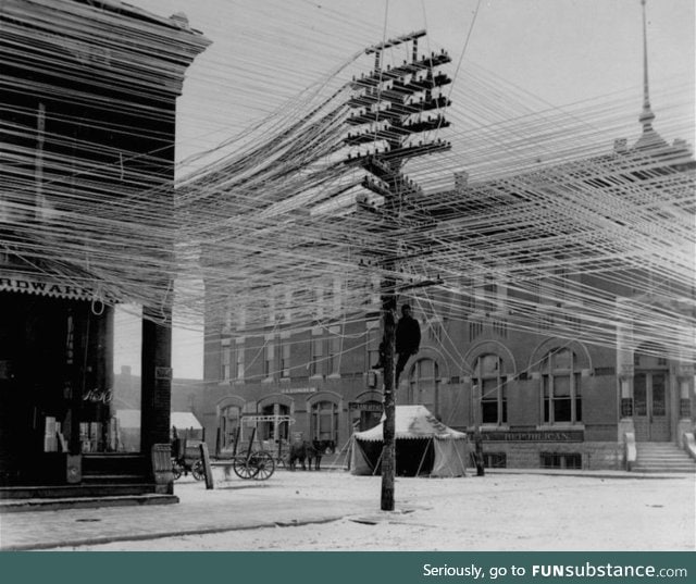 Telephone pole in Kansas, 1911